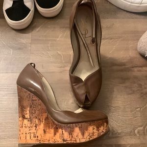 YSL brown patent cork wedges